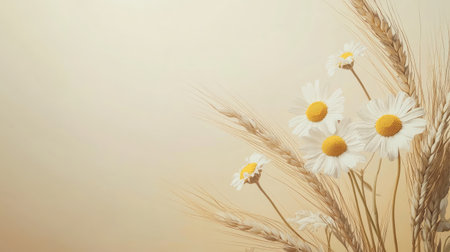 Chamomile flowers and wheat ears on a neutral beige background, creating a serene and inviting space for text or branding.の素材