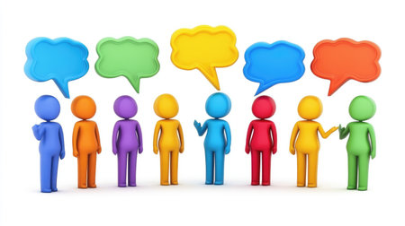 Cartoon figures with speech bubbles on a white background, creatively representing teamwork, discussion, and collective brainstormingの素材