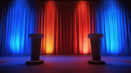Brightly lit stage with two podiums facing each other, perfect for a debate, speech, or formal presentation setup.の素材