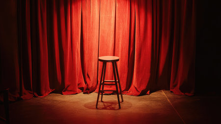 A spotlight shines on an empty stool at center stage, framed by rich red curtains in a quiet, theatrical setting.の素材