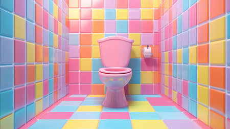 Cheerful 3D cartoon bathroom with a toilet and tiled floor, illustrating a playful and colorful interior design.の素材