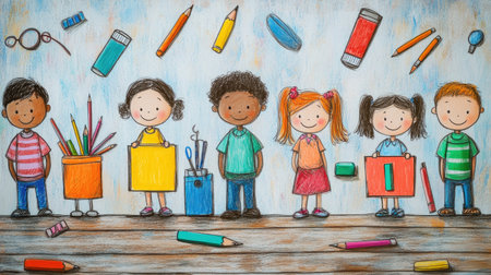 Bright and colorful cartoon of children standing in a classroom with school supplies, representing a back-to-school theme.の素材
