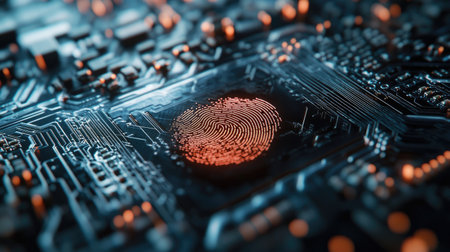 Fingerprint scan on a microcircuit board, highlighting advanced technology and biometric security in a detailed close-up.の素材