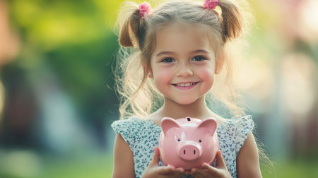 A young girl holds a pink piggy bank, symbolizing the concept of saving money from an early age, with a cheerful expression and bright background.の素材