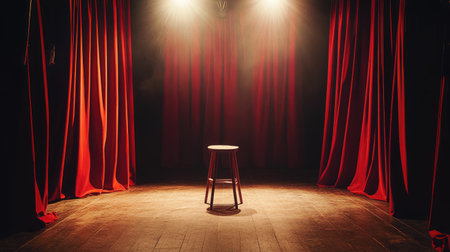 A minimalist theater scene with a single stool under bright spotlights, framed by luxurious red curtains on both sides.の素材