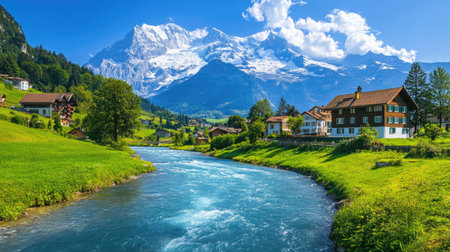 Beautiful day in the Swiss Alps with a village by the river, surrounded by green meadows and snow-capped mountains under the clear blue skyの素材