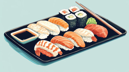 Illustrated sushi platter featuring nigiri, sashimi, and maki, with rice, wasabi, and soy sauce, showcasing traditional Japanese cuisine.の素材
