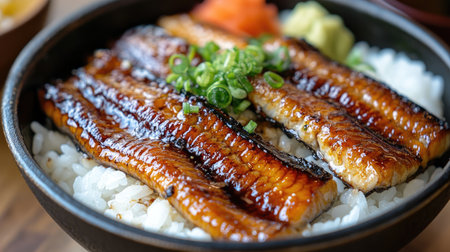 Close-up of an eel rice bowl (unagi don), with tender grilled eel placed atop fluffy white rice, drizzled with a sweet soy glaze.の素材