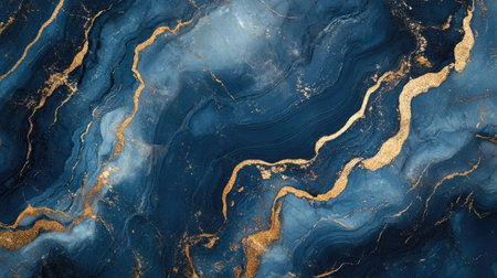 Elegant blue marble with shimmering gold veins running through it, perfect for a sophisticated, high-end background.の素材