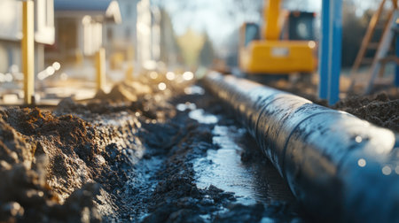 Home construction scene with plastic sewage pipe installation in progress, offering a clear area for text, perfect for infrastructure adsの素材