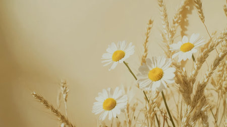 Natural arrangement of chamomile flowers and wheat on a beige background, perfect for adding a touch of organic elegance.の素材