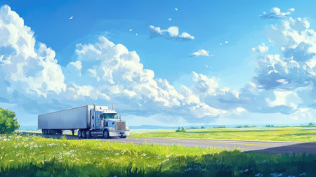 Illustration of a truck driving on a road with lush green grass and a clear blue sky, capturing a picturesque and serene transportation scene.の素材