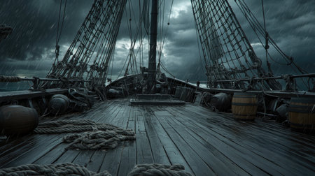 Empty pirate ship deck under a stormy sky, with ropes and barrels scattered, creating a dramatic background for a theatrical sceneの素材