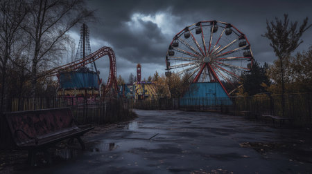 Rainy night at an abandoned amusement park, with rusting rides, dark clouds, and an ominous Halloween vibe.の素材