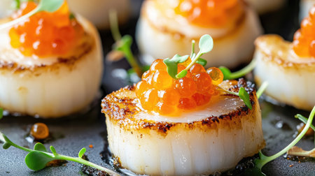 Close-up of perfectly fried scallops topped with orange caviar and fresh microgreens, showcasing a gourmet seafood dish.の素材