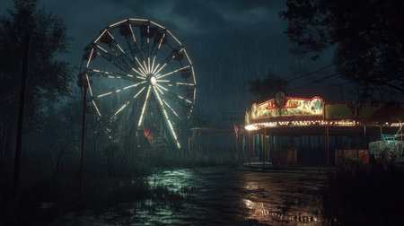 Dark, stormy night at an abandoned amusement park, with rain falling and eerie silence, perfect for a haunting Halloween atmosphere.の素材