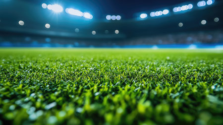 Close-up of a football field under stadium lights, with the vibrant green grass in focus, and fans cheering in the background.の素材