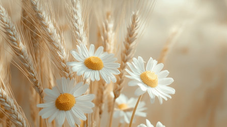Elegant composition of chamomile flowers and wheat ears on a soft beige background, providing a natural and calming aestheticの素材