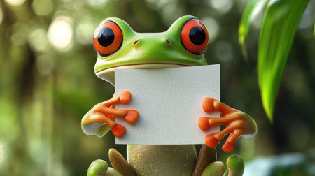 Cheerful cartoon frog holding a blank sign, with a green jungle backdrop, ideal for educational and fun designsの素材