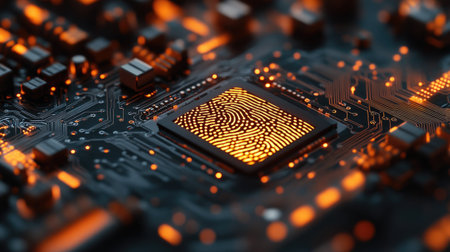 Fingerprint scan on a microcircuit board, highlighting advanced technology and biometric security in a detailed close-up.の素材