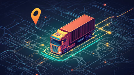 GPS map with a truck icon showing its route, highlighting logistics and tracking concepts in a clear and informative manner.の素材