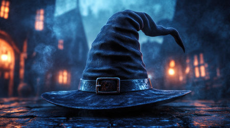 Halloween-themed logo featuring a classic black witch hat with a buckle, set against a dark, spooky background.の素材