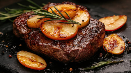 Delicious grilled beef steak topped with caramelized apples and rosemary, creating a mouth-watering gourmet dish.の素材