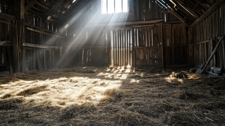 Interior of an abandoned barn, with sunlight filtering through cracks and hay covering the floor, capturing a rural sceneの素材