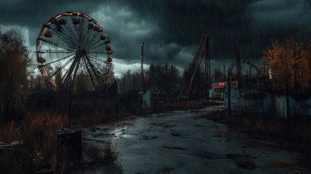 Rainy night at an abandoned amusement park, with rusting rides, dark clouds, and an ominous Halloween vibe.の素材