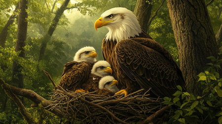 Eagle Nest in Forest Setting: A peaceful eagle family caring for their young in a forest nest, surrounded by nature's tranquility and vibrant green foliage.の素材