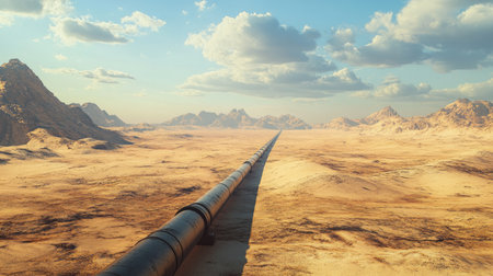 Panoramic view of an oil pipeline stretching across a vast desertの素材