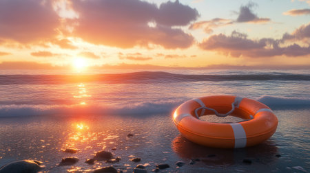 A photorealistic image of an orange lifebuoy washed ashore, with the sun setting over the horizon.の素材