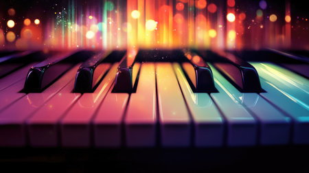 A dynamic image of piano keys, pulsating with colorful lights and patterns.の素材