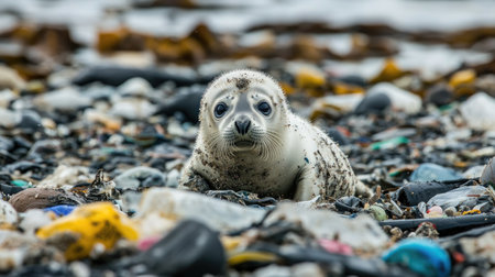 Seal pup trapped among plastic debris on a polluted shore, symbolizing the harmful effects of ocean waste on vulnerable marine speciesの素材
