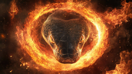A snake's head, framed by a fiery halo, creating a powerful and intimidating image.の素材