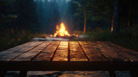 A photorealistic image of a wooden table with a campfire burning in the backgroundの素材