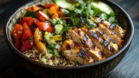 A delicious-looking bowl of grilled chicken, vegetables, and quinoa, served on a dark wooden table.の素材