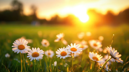 Daisies in a grassy field with a vibrant setting sun in the background, evoking warmth and tranquility during golden hourの素材