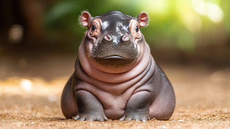 A cute and chubby baby hippo, sitting playfully on the ground, with a curious expression on its face. Adorable and endearing.の素材