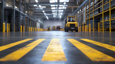 A photorealistic image of a warehouse floor with yellow markings and a forklift in the backgroundの素材