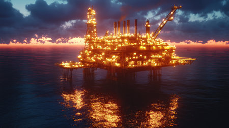 Illuminated offshore oil platform glowing at dusk, showcasing the vast scale of energy production on the ocean horizonの素材