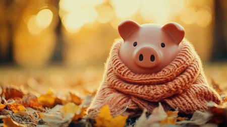 Cozy piggy bank wrapped in a warm scarf, representing the effort to save money for winter heating expenses.の素材