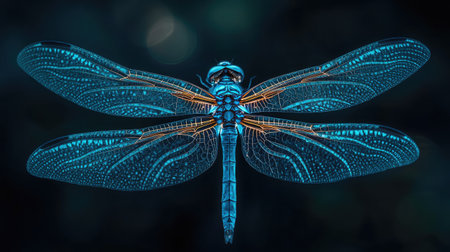 Shimmering blue dragonfly wings glowing softly against a dark backdrop, capturing an ethereal and enchanting insect imageの素材