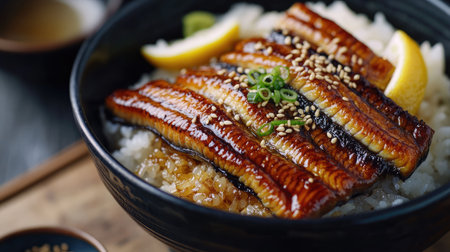 A mouthwatering eel rice bowl with perfectly grilled unagi, sesame seeds, and rice, capturing the essence of traditional Japanese cuisine.の素材