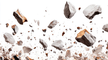 Close-up of flying stones and dust particles on a white background, illustrating a dramatic rock explosion effect.の素材