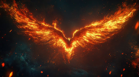 Phoenix wings ignite with fiery feathers, spreading flames and light through the darkness in a dramatic, mystical displayの素材
