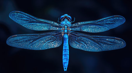 Shimmering blue dragonfly wings glowing softly against a dark backdrop, capturing an ethereal and enchanting insect imageの素材