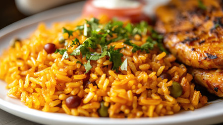 Close-up of arroz con gandules, with pigeon peas and flavorful rice, plated beautifully with room for a message in the background.の素材