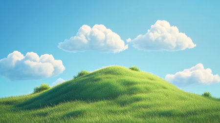 Rounded anime hill with faint grass, light blue sky, and white clouds, rendered in a vibrant and matte 3D clay style.の素材