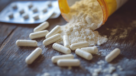 Close-up of white pills scattered on a wooden surface with a packet of powdered substance, highlighting the details of the itemsの素材